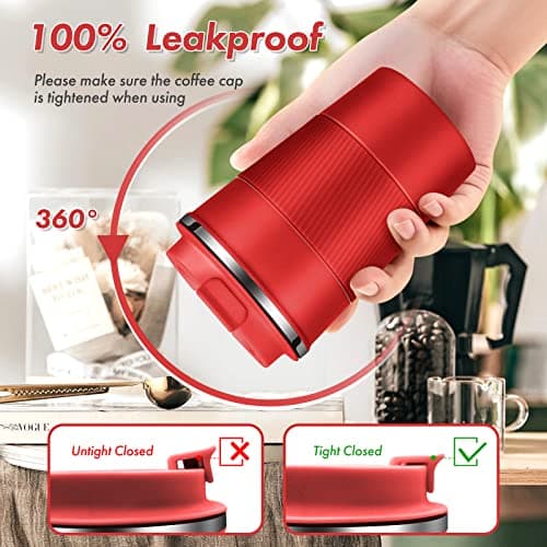 EALLEN Travel Mug with Leakproof Lid,Insulated Reusable Coffee for Hot&Cold Drinks/Tea,Portable Stainless Steel Thermal Takeaway Cup Car/Outdoor/Picnic/Office/School (Red) — view 5