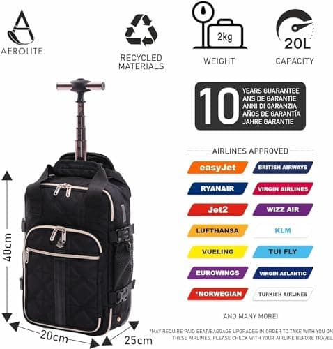 Aerolite 40x20x25cm Ryanair Quilted Trolley Backpack, 2 Wheels & USB — view 3
