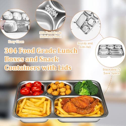 4 Pack Stainless Steel Divided Plates with Lids, 5 Compartments Lunch Boxes — view 3