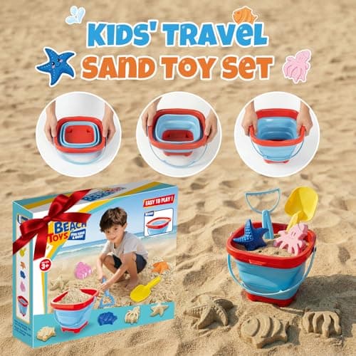 Beach Toy Set for Children, Including 1 Foldable Sand Bucket, Shovel, Rake, 3 Sand Moulds and Mesh Storage Bag, Sand Toys for Toddlers Aged 3+ — view 4