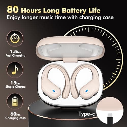 HAOYUYAN Wireless Earbuds, Sports Bluetooth Headphones, 80Hrs Playtime Ear Buds with LED Power Display, Noise Canceling Headset, IPX7 Waterproof Earphones for Workout/Running (Camel) — view 2