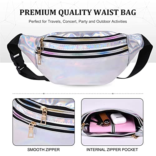 Flintronic Women's Bum Bag Fashion Waterproof Bum Bag Women Belt Bag Compartments with 3 Compartments Adjustable Strap Waist Bag for Sports Travel Hiking Outdoor Travel, #1 Silver, 20 * 17 * 2.4CM — view 2