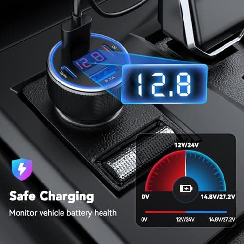 USB C Car Charger With Cable, 78W 4 Port Car Charger Adapter with Voltmeter Car Phone Charger Cigarette Lighter USB Charger Fast Charging for iPhone 16/15/14/13/12, Samsung Galaxy, iPad — view 4