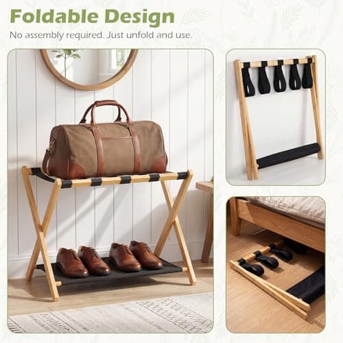 COSTWAY Bamboo Luggage Racks Set of 2, Folding Suitcase Stand with Straps and Oxford Cloth Storage Shelves, Portable Backpack Luggage Holder for Guest Room, Bedroom, Hotel, 68x46x53cm (Natural+Black) — view 4