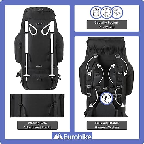Eurohike Nepal 85 Litre Rucksack with Ventilated Back Panel & Padded Harness, 85L Backpack, Bag for Men & Women, Adjustable, Lightweight, Camping, Hiking, Trekking, Travelling, Outdoor, Black — view 4