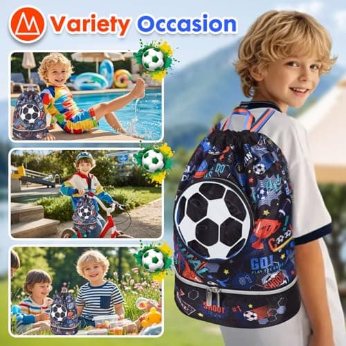PinkSheep Swimming Bag for Kids, Gym Drawstring Backpack for Girls Boys - Waterproof Beach Bags with Shoes Compartment and Wet Proof Pocket for Swimming Pool Beach Travel School (Football) — view 6