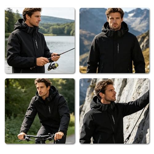 DOINEUFL Mens Waterproof Jacket Packable Lightweight Raincoat, Breathable Hooded Windbreaker Coat with Multi-Pockets for Hiking, Walking (UK, Alpha, XL, Regular, Regular, Black) — view 2