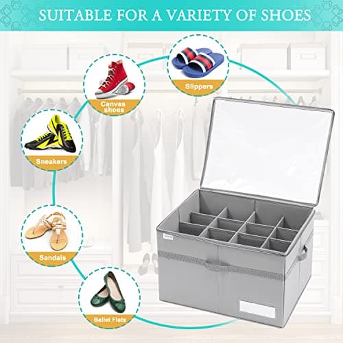 LUVHOMEE Shoe Organiser for Closet, Fits 16 Pairs, Large Shoe Box Storage Containers, Clear Foldable Shoe Storage Bins w/Bottom Support, Space Saving Shoes Holder w/Reinforced Handles, Grey — view 3