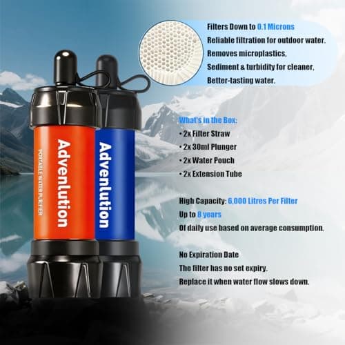 Advenlution 2-Pack Water Filter Straw 0.01 Micron – Personal Survival Water Filtration for Camping Hiking Backpacking Travel Emergency, with Pouch, Straw & Plunger, Fits Standard UK Bottles — view 4