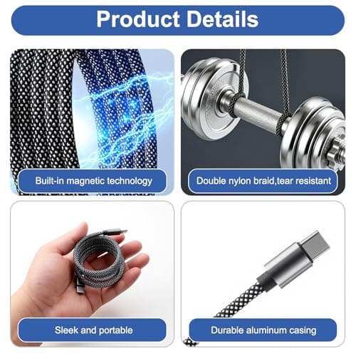 Magnetic USB C Cable 60W, Coiled USB-C to USB-C Retractable Nylon 1M — view 4