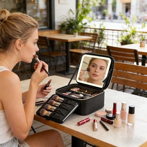 Makeup Bag with LED Mirror-3 Colors Modes Travel Makeup Organiser Black — view 2