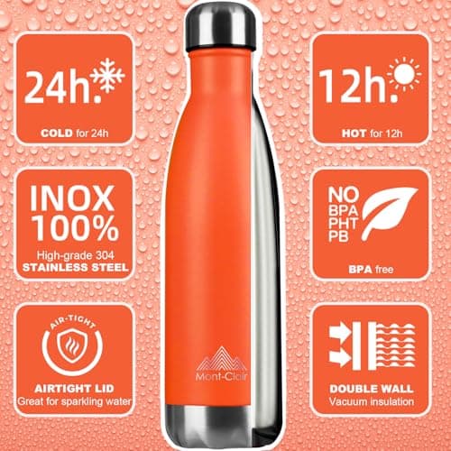 Mont-Clair H2O Stainless Steel Water Bottle, Vacuum Insulated - BPA Free, 12h Hot & 24h Cold Drinks, Metal Water Bottle 500ML Leakproof, Ideal for Adult, Kids, Running - Orange — view 2