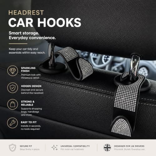 Amazleer Car Hooks, Bling Rhinestones Crystal Backseat Hanger, Universal Seat Back Organiser for SUV Truck Vehicle, 2 Pack (Silver) — view 6