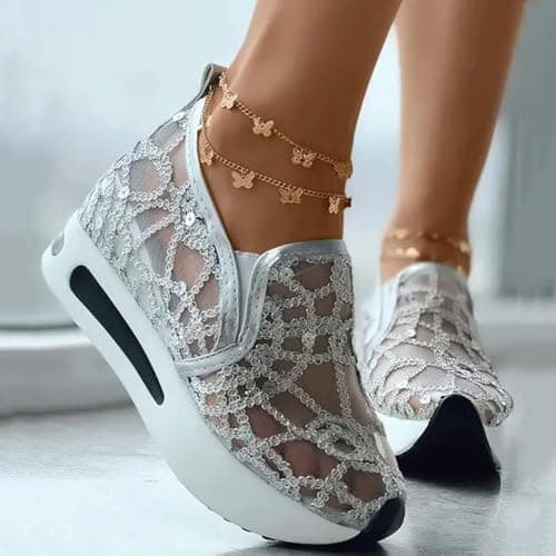 Women's Floral Lace Wedge Trainers Fashion Breathable Sneakers with Arch Support Dressy Lightweight Slip on Sneakers Comfortable Thick Heel Casual Outdoor Travel Walking Sports Shoes — view 5