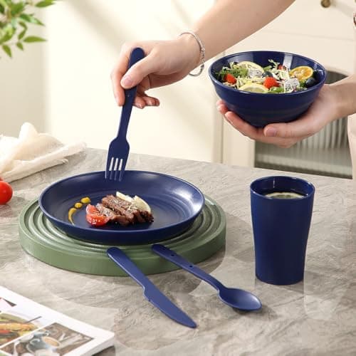 ReaNea Camping Mess Kit for 2 with Bowl, Plate, Cup, Spoon, Fork, Knife and Carry Bag, Plastic Camping Accessories Essentials Gear for Couple Travel, Picnic, Outdoor, Easy to Carry — view 5