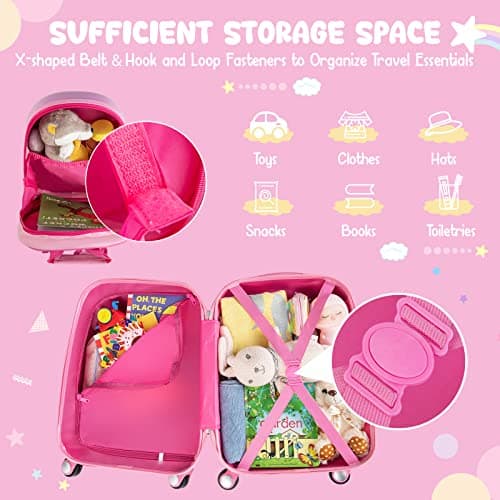 HOMFME 2 PCS Kids Luggage Set, Children Suitcase and Backpack Set with Adjustable Handle and Universal Wheels, Hard Shell Toddler Trolley Case for Travel School (12 + 18 Inch, Pink Unicorn) — view 2