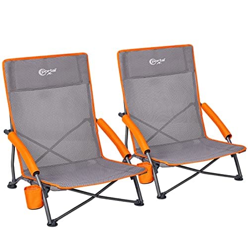 Portal Folding Beach Chair Low Lightweight 2 PCs Portable for Adults Foldable Beach Seat Camping Festival Picnic Deck Chair Outdoor Collapsible with Cupholder Mesh Back Padded Armrests Supports 150KG