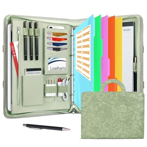 Leathario Portfolio Folder A4, Vegan Leather Conference Folder with Handle, 4-Ring Travel Document Holder with 5 5-Part File Dividers, Multi-Pocket Document Folder Organiser, Office Supplies