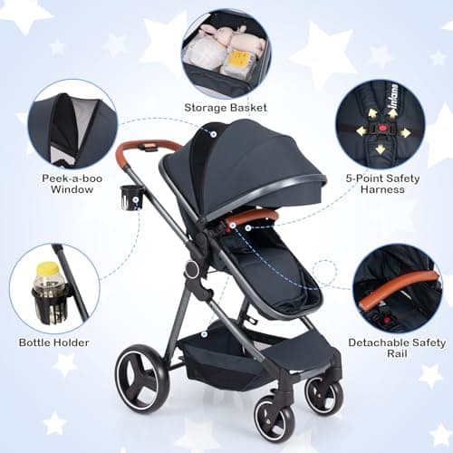 GYMAX Foldable Baby Stroller, All in One Toddler Pushchair with Adjustable Backrest/Canopy and Storage Bag, Portable Convertible Buggy Pram for Newborns (Dark Blue, with footmuff: 89 x 58 x 101 cm) — view 2