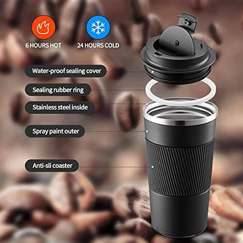 Coffee Cup, Vacuum Reusable Leakproof Double Wall Coffee Cup, Insulation Stainless Steel Eco-Friendly Travel Office Mug for Hot Coffee Tea and Cold Drinks, 17oz/510ml, Black — view 2