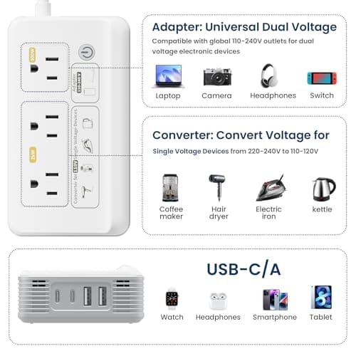 Mapambo 2000W Voltage Converter US to Europe, 7 in 1 Converter for European Travel for Hair Dryer, Kettles, Coffee Makers and etc. 220v to 110v Converter for International Travels (White) — view 4