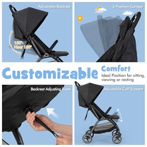 COSTWAY Baby Pushchair, One Hand Foldable Toddler Stroller with Adjustable Backrest & Canopy, 5-Point Harness, Storage Basket, Lightweight Travel Pram for Infants 0-36 Months (Black) — view 2