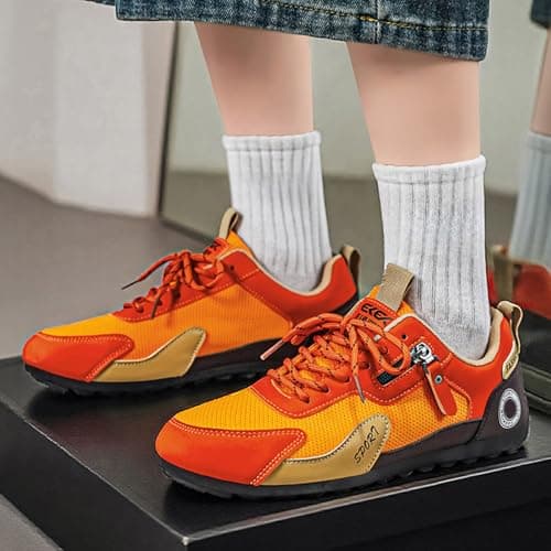 Mens Retro Colour Block Trainers Lace Up Low Top Round Toe Breathable Mesh Leather Upper Soft Cushioned Sole Lightweight Non Slip Easy On Off All Season Walking Shoes for Outdoor Hiking Travel Orange — view 2