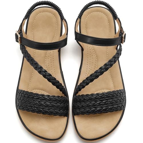 Women’s Dressy Flat Sandals, Strappy Open Toe Low Flat Sole Summer Shoes - Casual Walking Sandals for Vacation Wedding Guest Office Evening Travel Beach Resort Daily Outdoor Wear (Black,5)