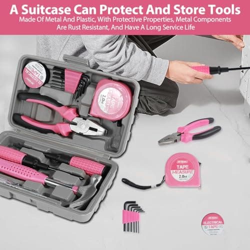 Pink Tool Kit—13Pcs Household DIY Hand Tool Set Multi-Purpose Home Repair Tool Box Include Hammer Allen Key Set Electrical Tape Screwdriver Test Pen Plier Bits (13pcs) — view 4