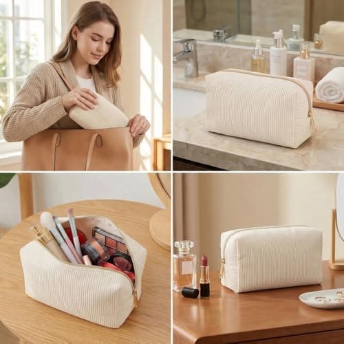Large Makeup Bag Cosmetic Pouch Ribbed Fabric Beauty Organiser with Smooth Gold Zip for Women Professionals Travel Home Office Daily Commute Handbag Insert Accessories — view 4