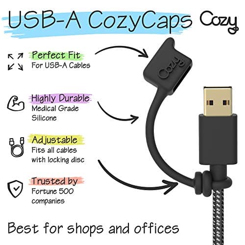 Cozy USB-A Cable Caps with Tether, Anti-Lost Dust Plug Covers for Charging Cords and Power Adapters, Black, 5-Pack — view 4