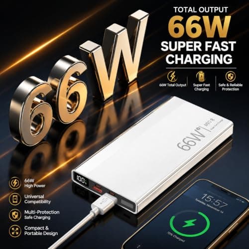 10000mah Power Bank with 66W PD Fast Charging, 10000mah Portable Charger USB C & USB Fast Charging Outdoor with 4 Output/Input Ports LCD Display Portable Charger for iPhone, for Samsung, Laptop & More — view 2