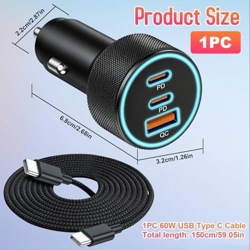 67W Type C Car Charger with 60W Cable, Cigarette Lighter Fast Charging — view 6