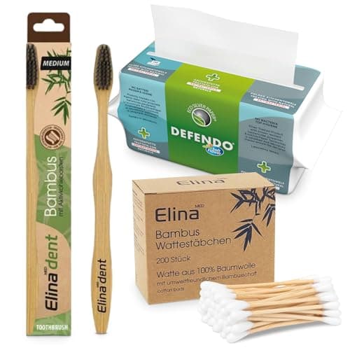 ebrando Hygiene Bundle (3 Pieces) - Antibacterial Folding Towels 100 Pieces + 1 Bamboo Toothbrush Black + 200 Bamboo Cotton Buds - Ecological Eco Friendly Set