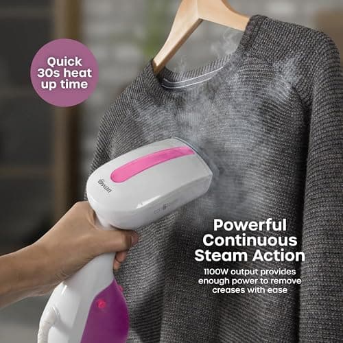 Swan SI12020N Handheld Garment Steamer, Lightweight, Removable Fabric Brush, Extra-Long 1.9m Power Cable, 1100W, 250ml Water Tank,White and Pink — view 2
