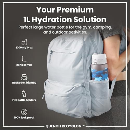 ION8 1 Litre Water Bottle, Leak Proof, Flip Lid, Carry Handle, Rapid Hydration, Dishwasher Safe, BPA Free, Contoured Grip, Ideal for Travel, Gym & Activity, Carbon Neutral Recyclon, 32 oz, Camouflage — view 2