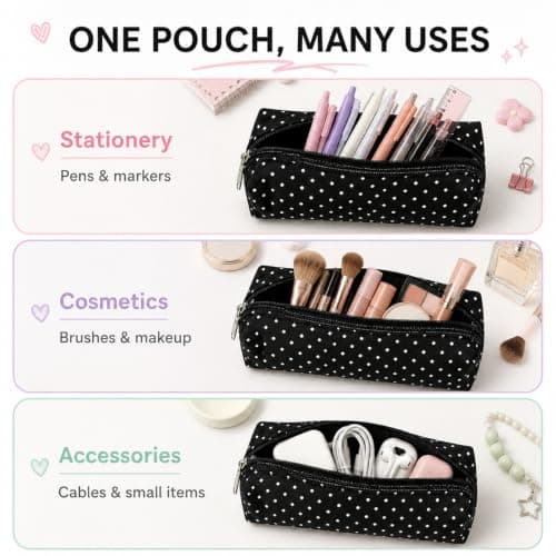 Cute Polka Dot Pencil Case, Zipper Pen Pouch for Office & Travel (Burgundy) — view 5