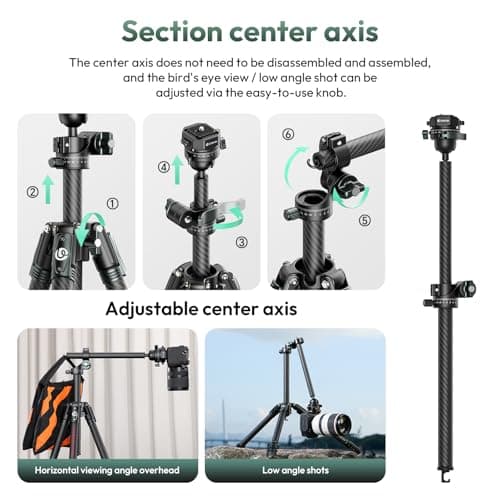 ULANZI JJ05 184 CM Carbon Fiber Camera Tripod, Overhead Travel Tripod w/Central Column and UKA Quick Release Plate for Cameras/DSLR/Projector/Camcorder, Horizontal Stand, Weight 1.56kg, Maxload 18kg — view 2