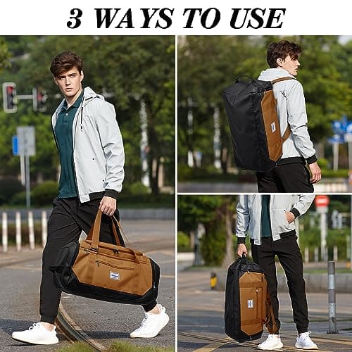 Laripwit Gym Bags for Men, 40L Medium Sports Duffle Bag with Shoe Compartment & Wet Pocket, Lightweight Duffel Bag Backpack Multipurpose Weekend Overnight Holdall Travel Bag Women, Brown — view 3