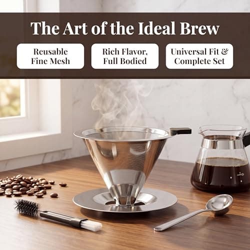 Reusable Pour Over Coffee Dripper Stainless Steel Coffee Filter Paperless Mesh Cone Cup Reusable Coffees Filters Slow Drip with Cleaning Brushand and Spoon for Single Cup Brew Coffees Maker — view 4