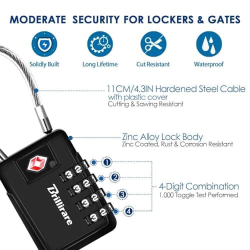 2 Pack TSA Approved Luggage Locks, Alloy 4-Digit Combination Travel Cable Padlock, Metal Waterproof Lock, TSA Accepted Outdoor Keyless Resettable Lock for Lockers, Bags, Gym, Gate-Black — view 4