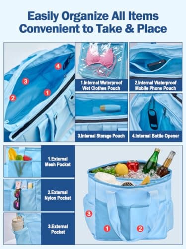 2 in 1 Insulated Dry-wet Separation Cooler Backpack Shoulder Bag 12-Hour Cold Retention, Large Leakproof Soft Cooler Bag, Waterproof Travel Cooler for Beach, Picnic, Camping for Women Blue — view 6