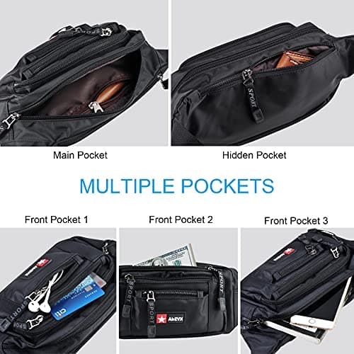AirZyx Bumbag Fanny Pack for Women Men Waterproof Waist Pack Plus Size with 6 Zipped Pockets Bum Waist Bag for Dog Walking Climbing Hiking Travel Outdoor Sport Black — view 5