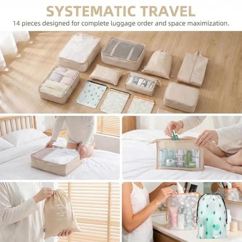 14 PCS Waterproof Packing Cubes Set, Beige Packing Cubes Set — view 5