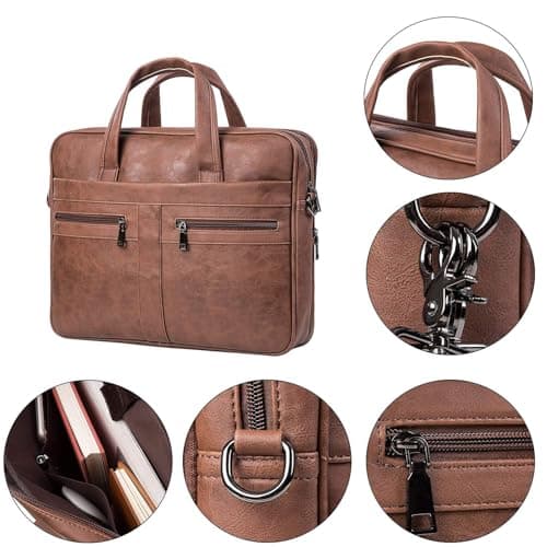 seyfocnia Men's Business Travel Briefcase Leather Messenger Bags Laptop Bag 17.3 inch Work Computer Bag Satchel Bag (Brown) — view 5
