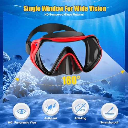 MELUMILU Snorkel Set, Snorkel Mask 180° Panoramic Wide View, Anti-Fog Scuba Diving Gear, Professional Swim Goggles for Free Breathing, Swim, Diving, (Black Red) — view 3