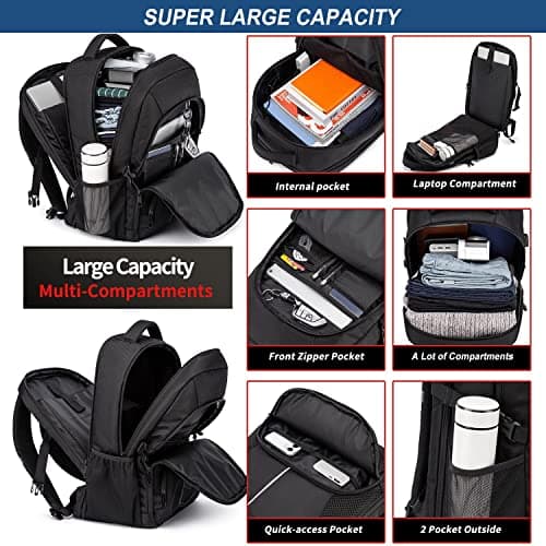 Extra Large Backpack 55L,18.4 Inch Travel Laptop Work Bag with USB Charging Port Big Business Flight Approved TSA Heavy Duty Computer Rucksack for Men Women College School,Black — view 3