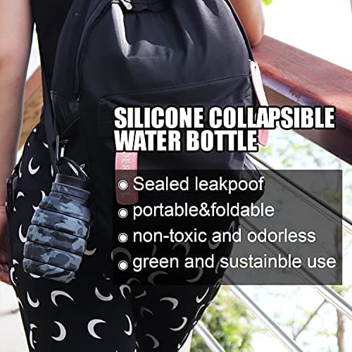 Collapsible Travel Water Bottle 19.6 oz, Reusable Silicone Collapsible Water Bottle for School, Office, Gym, Camping and Hiking, Portable Leak Proof Sports Bottle with Carabiner (Dark grey camouflage) — view 5