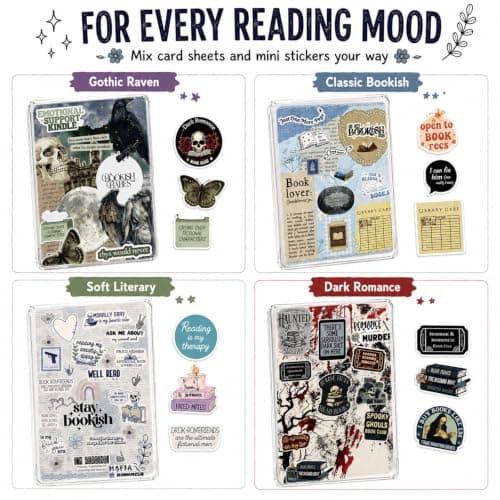 UZYXC 4 E Reader Cardstock Inserts and 50 Reading Stickers, Decorative Accessories Compatible with Kindle Paperwhite Clear Cases, Personalised Bookish Designs for Home and Travel — view 3