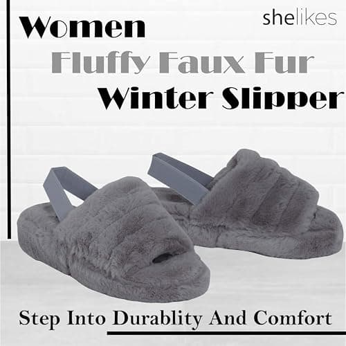 shelikes Womens Sliders Ladies Fluffy Faux Fur Peep Toe Warm Winter Slipper — view 2